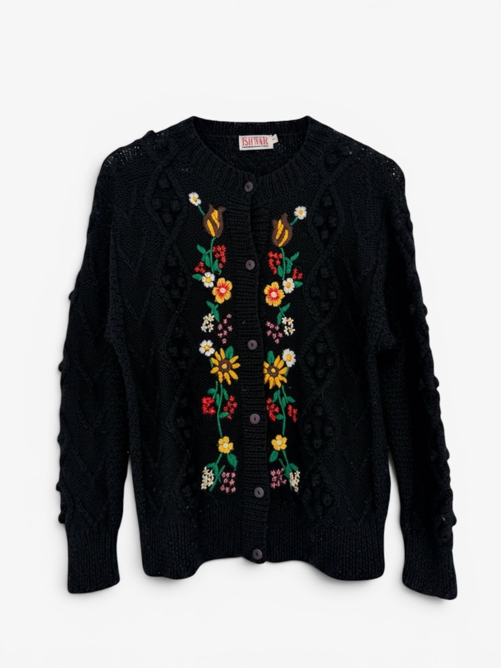 AUSTRIAN KNIT CARDIGAN WITH APLIQUE FLOWERS. SIZE 10