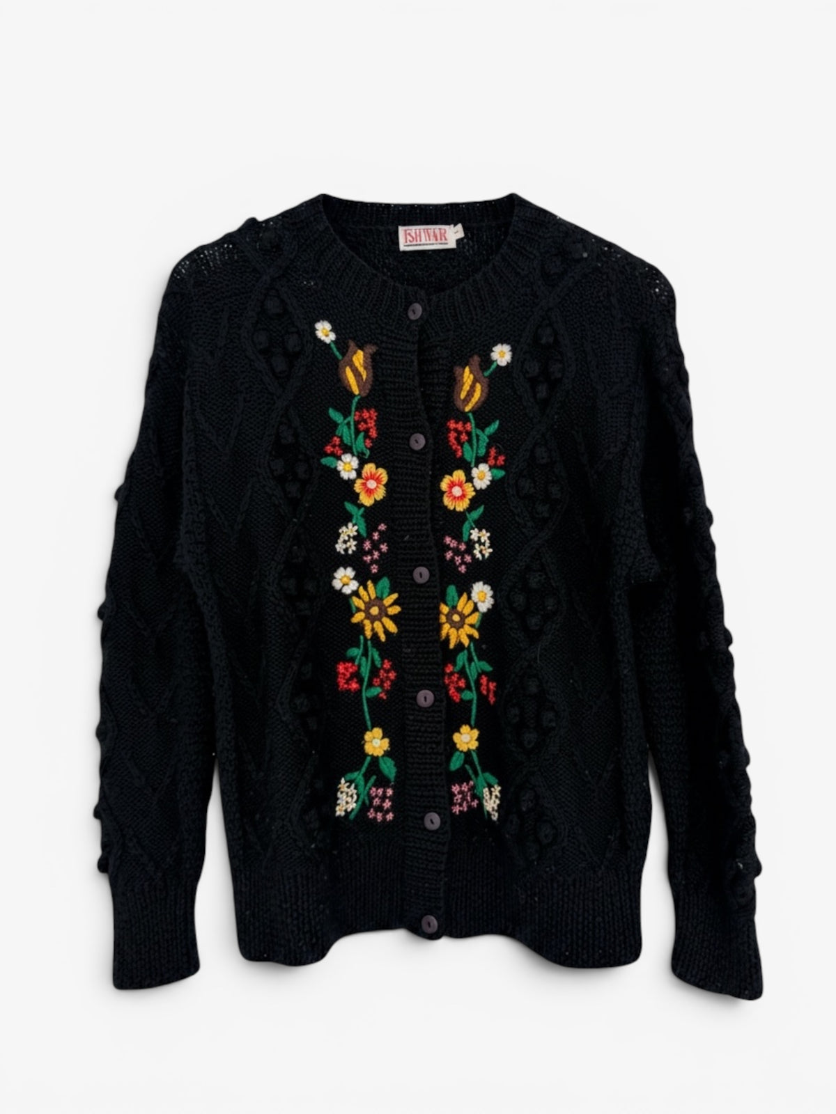 AUSTRIAN KNIT CARDIGAN WITH APLIQUE FLOWERS. SIZE 10